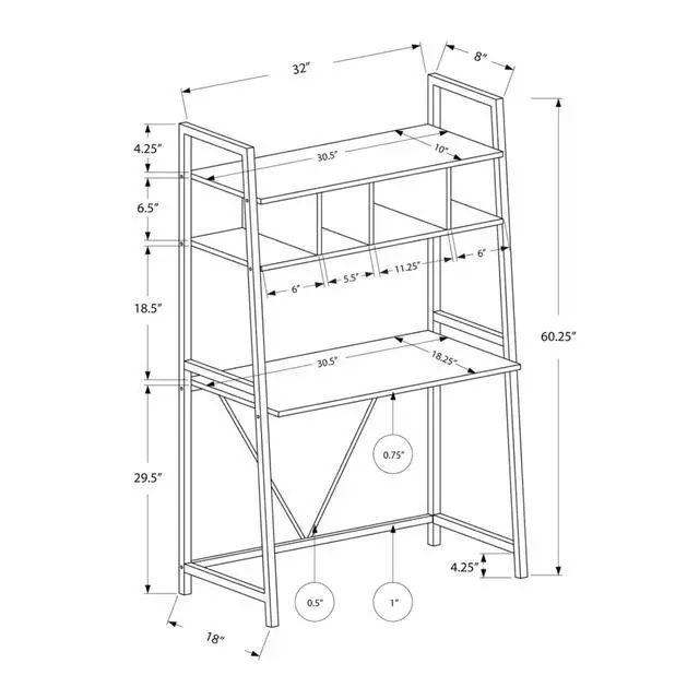 Alt view image 2 of 5 - Trendy and Modern 60" H Computer Desk with Sturdy White Metal Base, Minimalist Space Saving Design PC Laptop Desk with 3 Ladder Style Storage Shelves