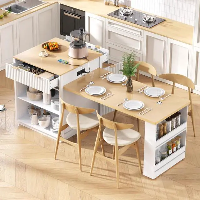 Alt view image 2 of 7 - Kitchen Island Solid Wood Food Prep Table w/Extendable Table,Fluted Cabinet &Faux Marble Top for Dining Room,Multi-functional Breakfast Bar Table w/USB,Sockets & Open Storage Shelves for 4-6 (White)