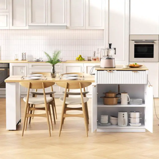 Alt view image 3 of 7 - Kitchen Island Solid Wood Food Prep Table w/Extendable Table,Fluted Cabinet &Faux Marble Top for Dining Room,Multi-functional Breakfast Bar Table w/USB,Sockets & Open Storage Shelves for 4-6 (White)