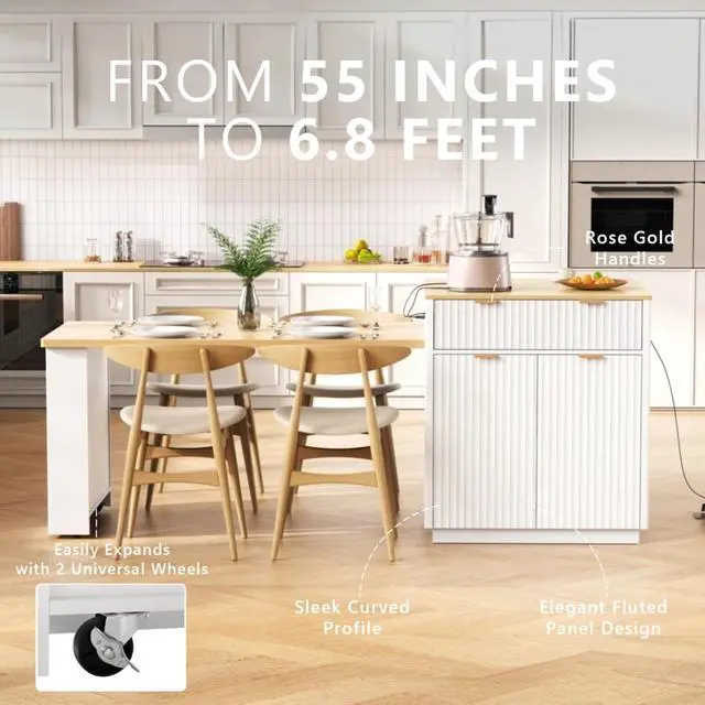 Alt view image 5 of 7 - Kitchen Island Solid Wood Food Prep Table w/Extendable Table,Fluted Cabinet &Faux Marble Top for Dining Room,Multi-functional Breakfast Bar Table w/USB,Sockets & Open Storage Shelves for 4-6 (White)