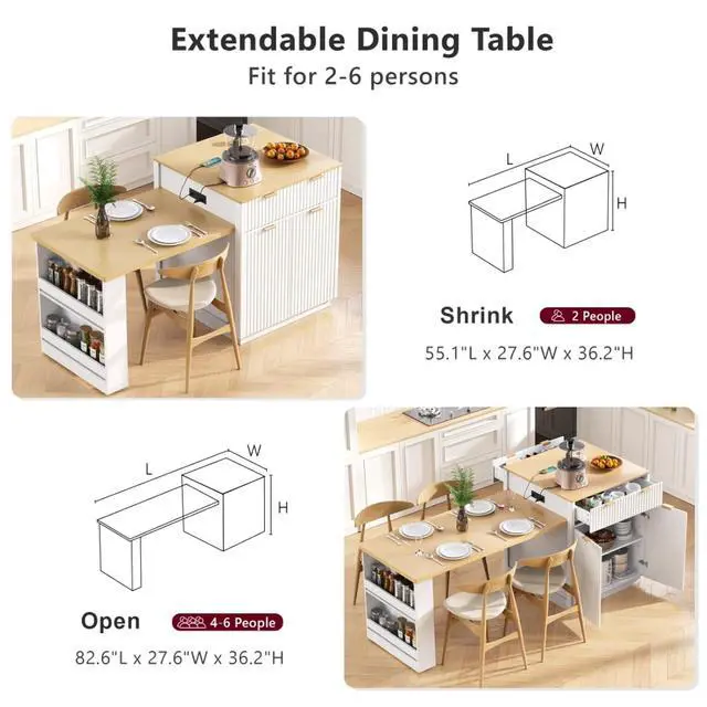 Alt view image 6 of 7 - Kitchen Island Solid Wood Food Prep Table w/Extendable Table,Fluted Cabinet &Faux Marble Top for Dining Room,Multi-functional Breakfast Bar Table w/USB,Sockets & Open Storage Shelves for 4-6 (White)