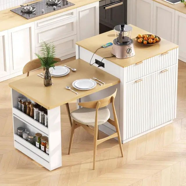 Alt view image 4 of 7 - Kitchen Island Solid Wood Food Prep Table w/Extendable Table,Fluted Cabinet &Faux Marble Top for Dining Room,Multi-functional Breakfast Bar Table w/USB,Sockets & Open Storage Shelves for 4-6 (White)
