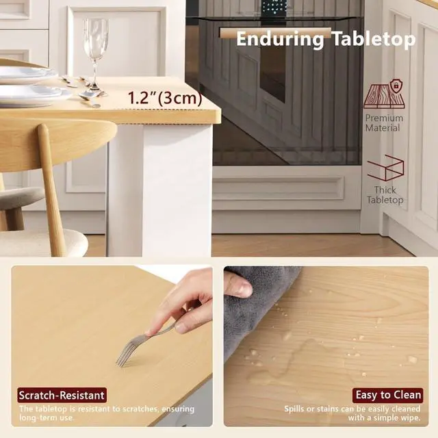 Alt view image 7 of 7 - Kitchen Island Solid Wood Food Prep Table w/Extendable Table,Fluted Cabinet &Faux Marble Top for Dining Room,Multi-functional Breakfast Bar Table w/USB,Sockets & Open Storage Shelves for 4-6 (White)