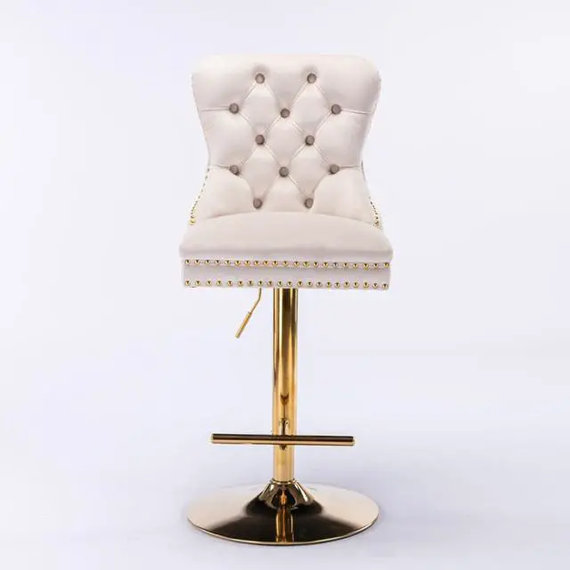 Alt view image 3 of 7 - Barstools Set of 2,Retro Swivel Pub Chair w/Height Adjustable Seat&Sturdy Metal Base for Cafe,Pub Height Bar Chairs Button Tufted Bar Stool w/High Back &Metal Ring for Home (Beige + Set of 2)