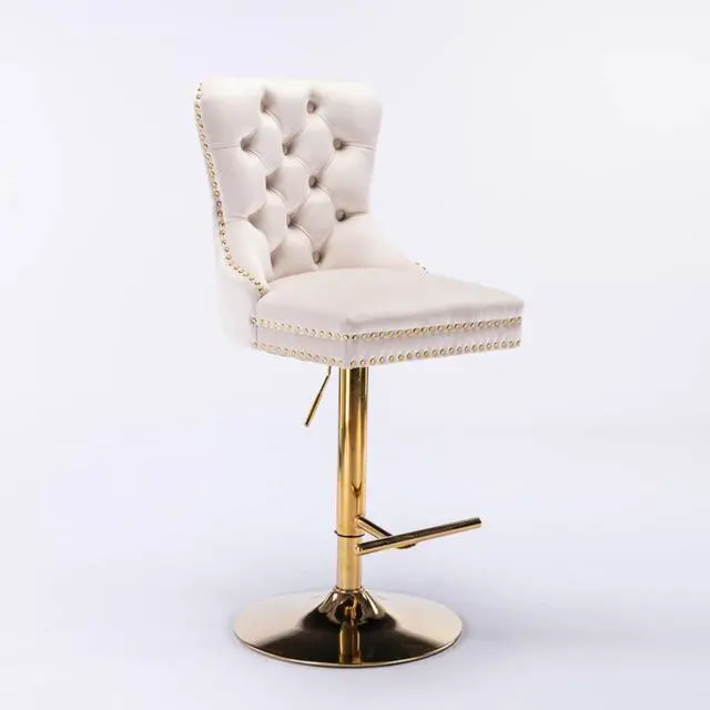 Alt view image 4 of 7 - Barstools Set of 2,Retro Swivel Pub Chair w/Height Adjustable Seat&Sturdy Metal Base for Cafe,Pub Height Bar Chairs Button Tufted Bar Stool w/High Back &Metal Ring for Home (Beige + Set of 2)