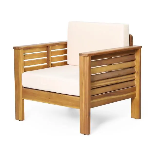 Alt view image 6 of 7 - Durable Acacia Wood Club Chair w/Padded Back & Seat for Garden, Stylish Solid Wood Outdoor Side Chair w/Slatted Design & Adjustable Levelers for Porch, Balcony, Deck (Brown-2pcs)