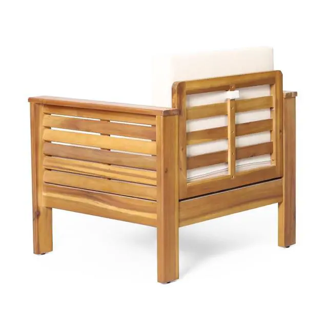 Alt view image 7 of 7 - Durable Acacia Wood Club Chair w/Padded Back & Seat for Garden, Stylish Solid Wood Outdoor Side Chair w/Slatted Design & Adjustable Levelers for Porch, Balcony, Deck (Brown-2pcs)