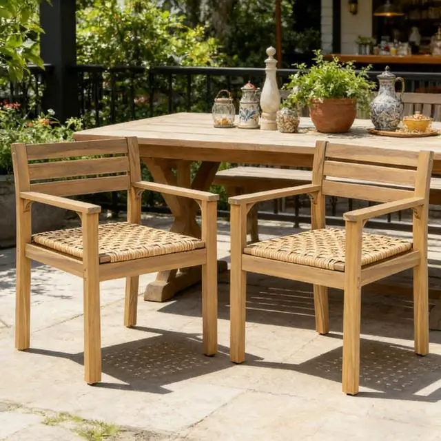 Main image of Rustic Acacia Wood Patio Accent Armchairs w/Woven PE Wicker Seat for Balcony, All Weather Outdoor Dining Chairs w/Solid Wood Frame & Slatted Backrest for Garden, Porch, Set of 2