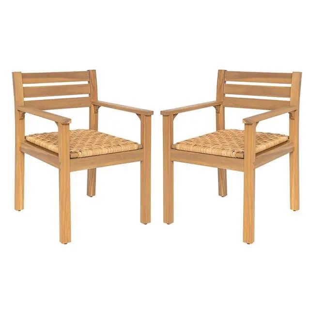 Alt view image 4 of 7 - Rustic Acacia Wood Patio Accent Armchairs w/Woven PE Wicker Seat for Balcony, All Weather Outdoor Dining Chairs w/Solid Wood Frame & Slatted Backrest for Garden, Porch, Set of 2