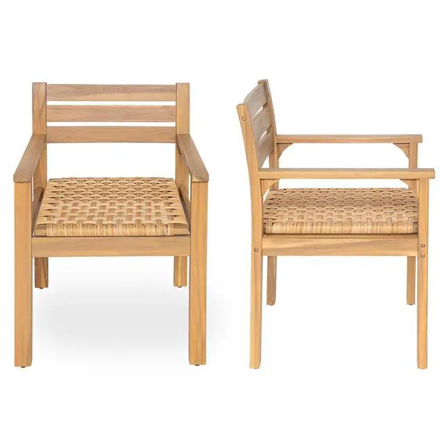 Alt view image 6 of 7 - Rustic Acacia Wood Patio Accent Armchairs w/Woven PE Wicker Seat for Balcony, All Weather Outdoor Dining Chairs w/Solid Wood Frame & Slatted Backrest for Garden, Porch, Set of 2
