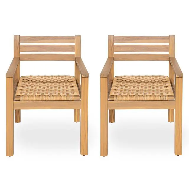 Alt view image 3 of 7 - Rustic Acacia Wood Patio Accent Armchairs w/Woven PE Wicker Seat for Balcony, All Weather Outdoor Dining Chairs w/Solid Wood Frame & Slatted Backrest for Garden, Porch, Set of 2