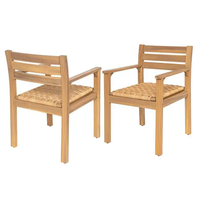 Alt view image 5 of 7 - Rustic Acacia Wood Patio Accent Armchairs w/Woven PE Wicker Seat for Balcony, All Weather Outdoor Dining Chairs w/Solid Wood Frame & Slatted Backrest for Garden, Porch, Set of 2