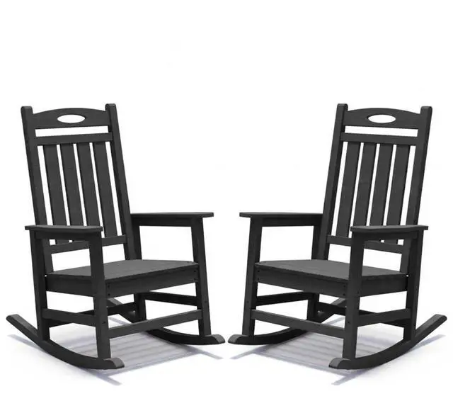 Main image of Oversized HDPE Patio Rocking Chairs w/High Backrest & Rounded Armrests for Garden, All Weather Outdoor Porch Rocker w/Slatted Frame & Ergonomic Design for Deck, Poolside, Set of 2 (Black)