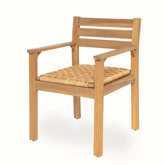 Alt view image 7 of 7 - Rustic Acacia Wood Patio Accent Armchairs w/Woven PE Wicker Seat for Balcony, All Weather Outdoor Dining Chairs w/Solid Wood Frame & Slatted Backrest for Garden, Porch, Set of 2