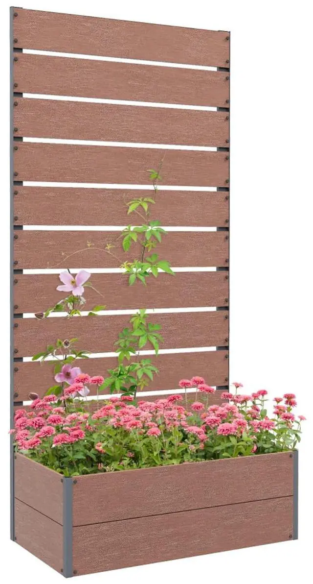 Alt view image 2 of 7 - Classic Raised Garden Bed with Slatted Trellis for Climbing Plants, Flowers, Outdoor Wooden Planter with Bottom Drainage Gap for Backyard, Garden, Lawn, Poolside