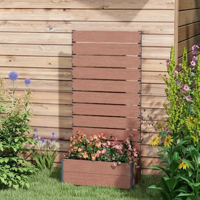 Alt view image 7 of 7 - Classic Raised Garden Bed with Slatted Trellis for Climbing Plants, Flowers, Outdoor Wooden Planter with Bottom Drainage Gap for Backyard, Garden, Lawn, Poolside