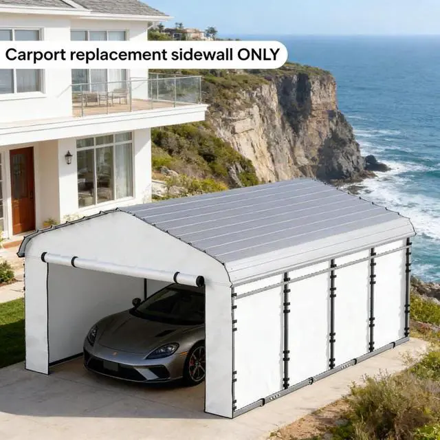 Alt view image 6 of 7 - Durable Replacement Sidewall Panel with Roll-Up Zipper Door for 10x15 Carports, Waterproof Replacement Cover with Hoop-Loop Fasteners for Outdoor Shelter, Only Carport Replacement Sidewall (White-2)