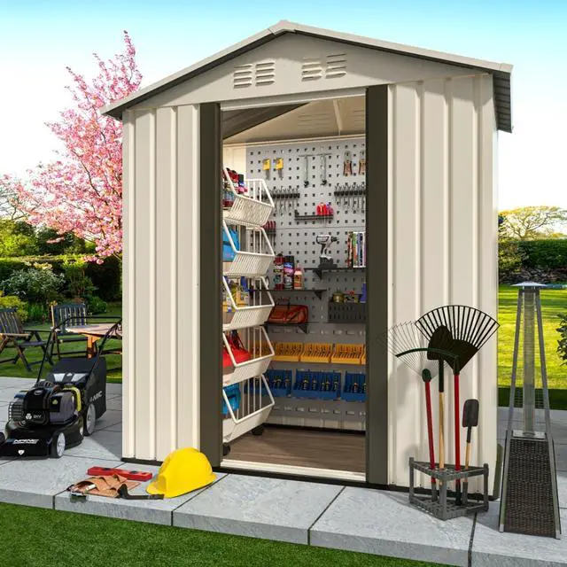 Alt view image 2 of 7 - Outdoor Storage Sheds with Lockable Sliding Door and Aluminum Alloy Frame for Backyard, Lawn, Garden Tool Storage House with Two Sloped Sides Roof for Patio, Porch (5x3 Feet White)