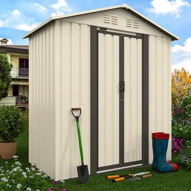 Alt view image 3 of 7 - Outdoor Storage Sheds with Lockable Sliding Door and Aluminum Alloy Frame for Backyard, Lawn, Garden Tool Storage House with Two Sloped Sides Roof for Patio, Porch (5x3 Feet White)