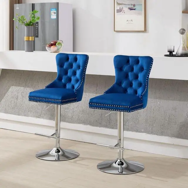 Main image of Barstools Set of 2,Retro Swivel Pub Chair w/Height Adjustable Seat&Sturdy Metal Base for Cafe,Pub Height Bar Chairs Button Tufted Bar Stool w/High Back &Metal Ring for Home (Blue + Set of 2)