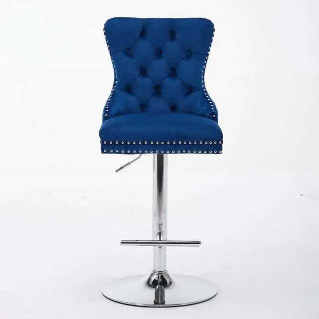 Alt view image 3 of 7 - Barstools Set of 2,Retro Swivel Pub Chair w/Height Adjustable Seat&Sturdy Metal Base for Cafe,Pub Height Bar Chairs Button Tufted Bar Stool w/High Back &Metal Ring for Home (Blue + Set of 2)