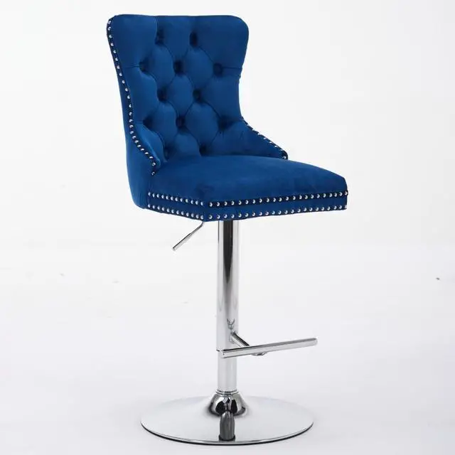 Alt view image 4 of 7 - Barstools Set of 2,Retro Swivel Pub Chair w/Height Adjustable Seat&Sturdy Metal Base for Cafe,Pub Height Bar Chairs Button Tufted Bar Stool w/High Back &Metal Ring for Home (Blue + Set of 2)