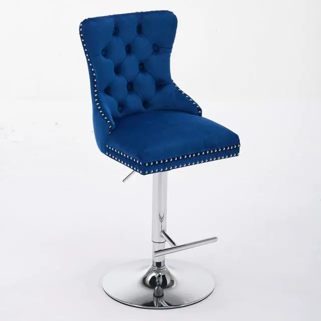 Alt view image 5 of 7 - Barstools Set of 2,Retro Swivel Pub Chair w/Height Adjustable Seat&Sturdy Metal Base for Cafe,Pub Height Bar Chairs Button Tufted Bar Stool w/High Back &Metal Ring for Home (Blue + Set of 2)