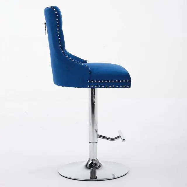 Alt view image 6 of 7 - Barstools Set of 2,Retro Swivel Pub Chair w/Height Adjustable Seat&Sturdy Metal Base for Cafe,Pub Height Bar Chairs Button Tufted Bar Stool w/High Back &Metal Ring for Home (Blue + Set of 2)