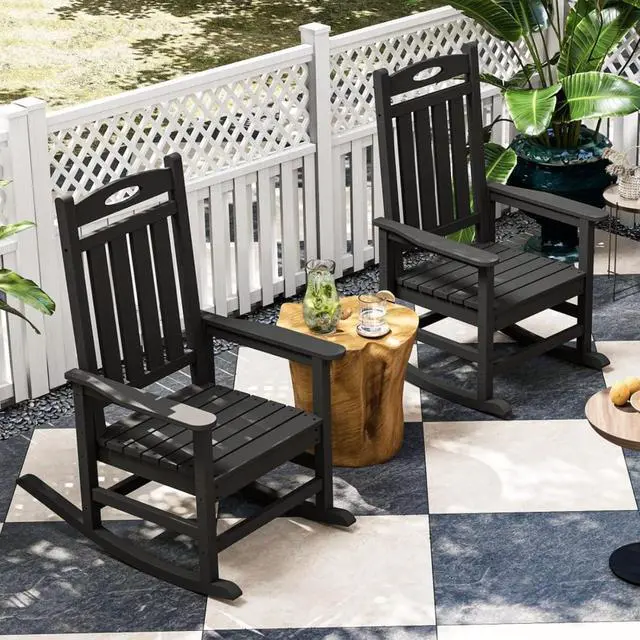Alt view image 2 of 7 - Oversized HDPE Patio Rocking Chairs w/High Backrest & Rounded Armrests for Garden, All Weather Outdoor Porch Rocker w/Slatted Frame & Ergonomic Design for Deck, Poolside, Set of 2 (Black)