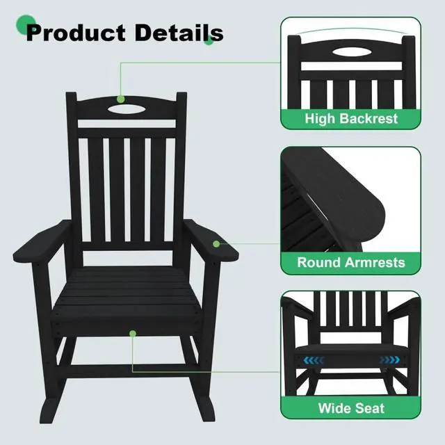 Alt view image 4 of 7 - Oversized HDPE Patio Rocking Chairs w/High Backrest & Rounded Armrests for Garden, All Weather Outdoor Porch Rocker w/Slatted Frame & Ergonomic Design for Deck, Poolside, Set of 2 (Black)