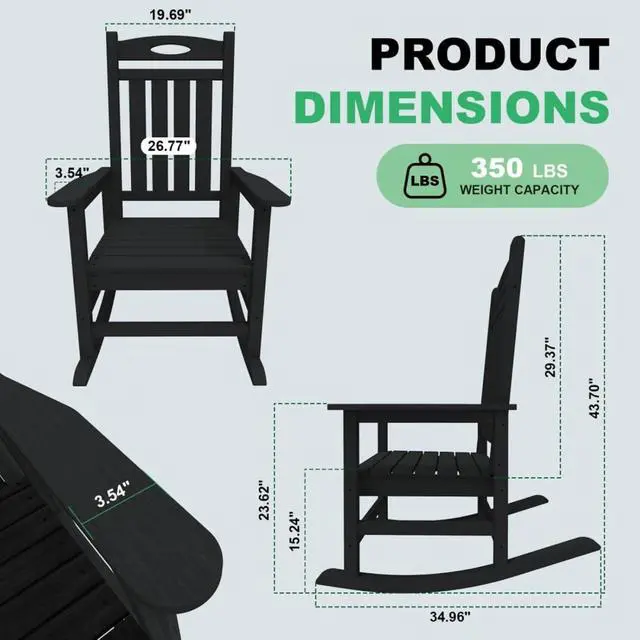 Alt view image 3 of 7 - Oversized HDPE Patio Rocking Chairs w/High Backrest & Rounded Armrests for Garden, All Weather Outdoor Porch Rocker w/Slatted Frame & Ergonomic Design for Deck, Poolside, Set of 2 (Black)