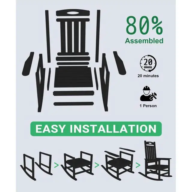 Alt view image 5 of 7 - Oversized HDPE Patio Rocking Chairs w/High Backrest & Rounded Armrests for Garden, All Weather Outdoor Porch Rocker w/Slatted Frame & Ergonomic Design for Deck, Poolside, Set of 2 (Black)