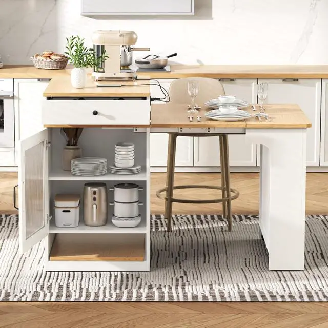 Alt view image 3 of 7 - Kitchen Island with Extendable Dining Table, Kitchen Storage Table with Double-Sided Storage, Kitchen Island with 2 Drawers, Side Open Shelves, Suitable for Kitchen (White)