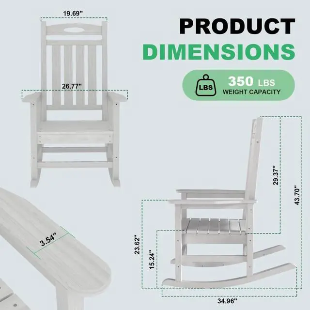 Alt view image 3 of 7 - Oversized HDPE Patio Rocking Chairs w/High Backrest & Rounded Armrests for Garden, All Weather Outdoor Porch Rocker w/Slatted Frame & Ergonomic Design for Deck, Poolside, Set of 2 (White)