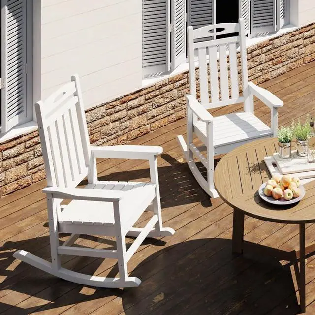 Alt view image 2 of 7 - Oversized HDPE Patio Rocking Chairs w/High Backrest & Rounded Armrests for Garden, All Weather Outdoor Porch Rocker w/Slatted Frame & Ergonomic Design for Deck, Poolside, Set of 2 (White)
