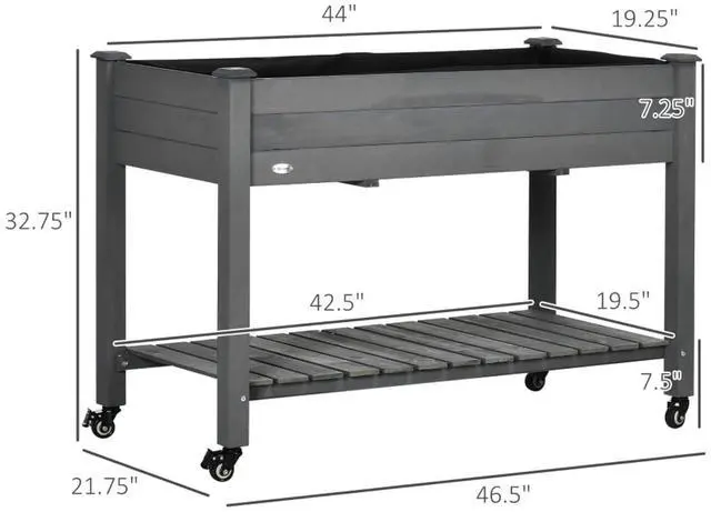 Alt view image 3 of 7 - Raised Garden Bed with Bottom Storage Shelf and 4 Wheels for Backyard, Lawn, Yard, Outdoor Planter Box with Drainage Holes and Solid Wood Frame for Growing Flowers, Herbs