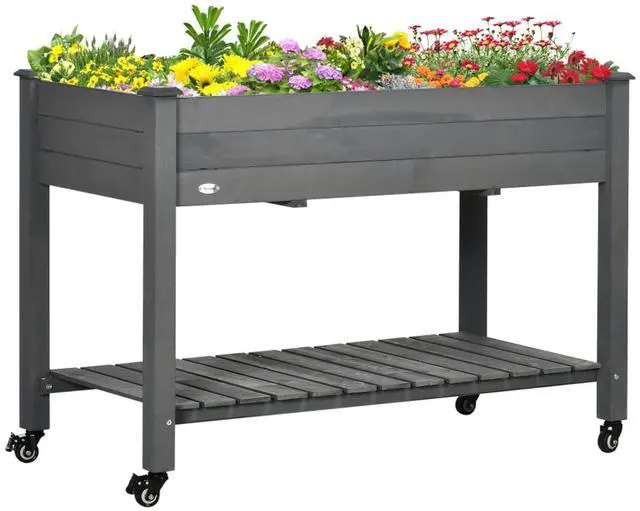 Alt view image 2 of 7 - Raised Garden Bed with Bottom Storage Shelf and 4 Wheels for Backyard, Lawn, Yard, Outdoor Planter Box with Drainage Holes and Solid Wood Frame for Growing Flowers, Herbs