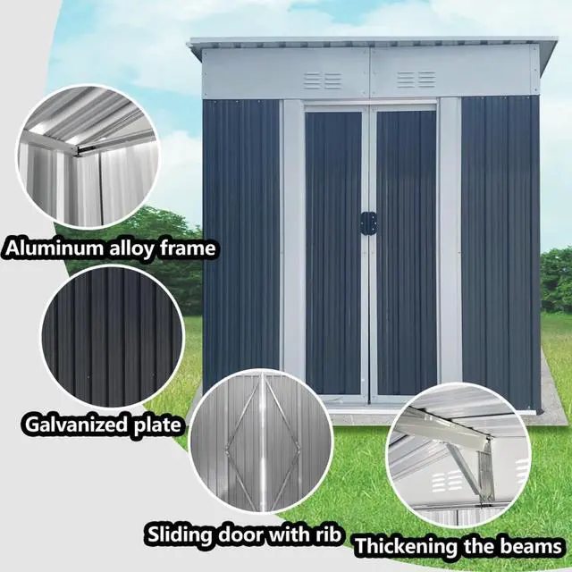 Alt view image 2 of 6 - Outdoor Storage Sheds with Lockable Sliding Door and Aluminum Alloy Frame for Backyard, Lawn, Garden Tool Storage House with Two Sloped Sides Roof for Patio, Porch (5x3 FT Grey Pent Roof)