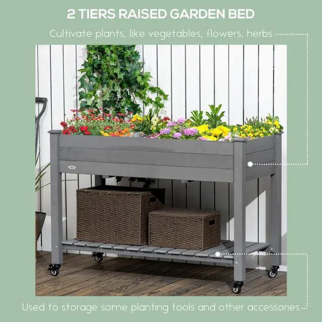 Alt view image 4 of 7 - Raised Garden Bed with Bottom Storage Shelf and 4 Wheels for Backyard, Lawn, Yard, Outdoor Planter Box with Drainage Holes and Solid Wood Frame for Growing Flowers, Herbs