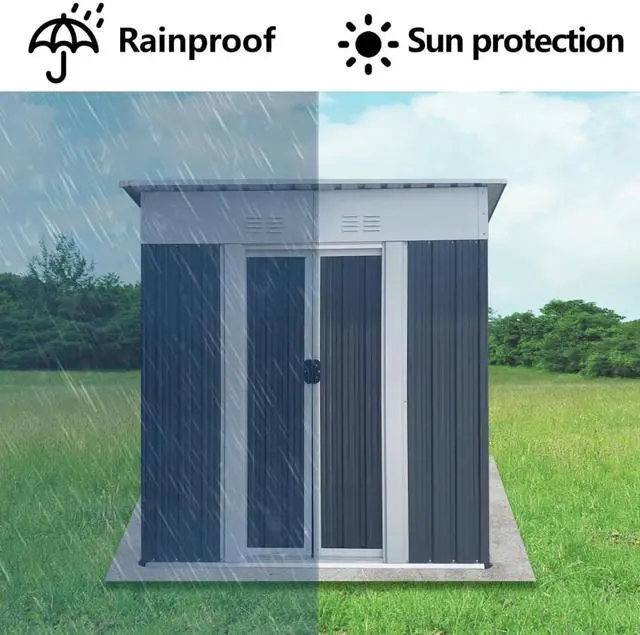 Alt view image 3 of 6 - Outdoor Storage Sheds with Lockable Sliding Door and Aluminum Alloy Frame for Backyard, Lawn, Garden Tool Storage House with Two Sloped Sides Roof for Patio, Porch (5x3 FT Grey Pent Roof)