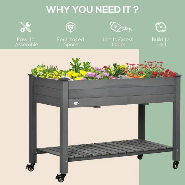 Alt view image 7 of 7 - Raised Garden Bed with Bottom Storage Shelf and 4 Wheels for Backyard, Lawn, Yard, Outdoor Planter Box with Drainage Holes and Solid Wood Frame for Growing Flowers, Herbs