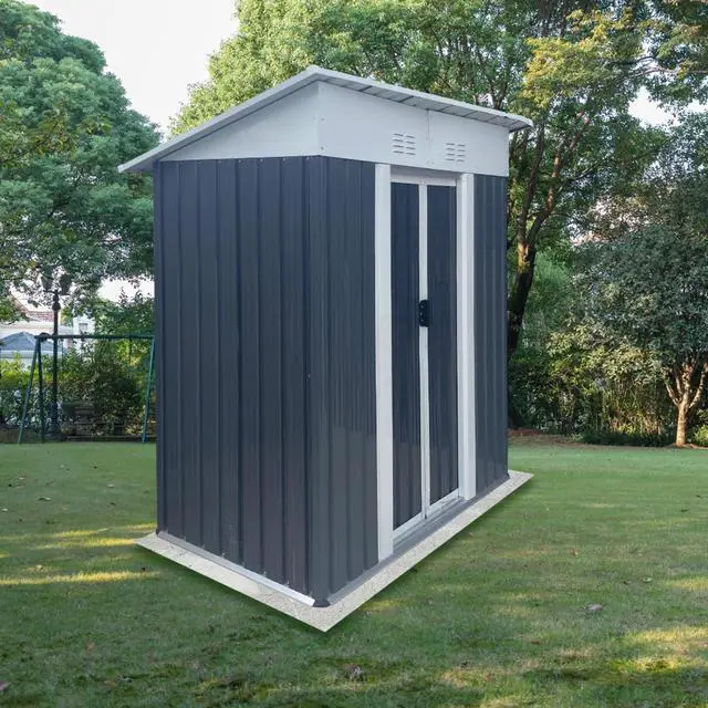 Alt view image 4 of 6 - Outdoor Storage Sheds with Lockable Sliding Door and Aluminum Alloy Frame for Backyard, Lawn, Garden Tool Storage House with Two Sloped Sides Roof for Patio, Porch (5x3 FT Grey Pent Roof)