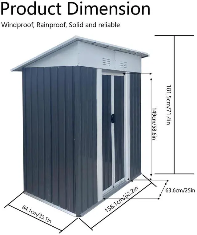 Alt view image 6 of 6 - Outdoor Storage Sheds with Lockable Sliding Door and Aluminum Alloy Frame for Backyard, Lawn, Garden Tool Storage House with Two Sloped Sides Roof for Patio, Porch (5x3 FT Grey Pent Roof)