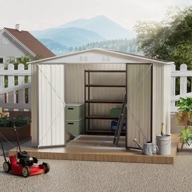 Main image of Outdoor Storage Sheds with Lockable Sliding Door and Aluminum Alloy Frame for Backyard, Lawn, Garden Tool Storage House with Two Sloped Sides Roof for Patio, Porch (10x8 FT White with Metal Base)