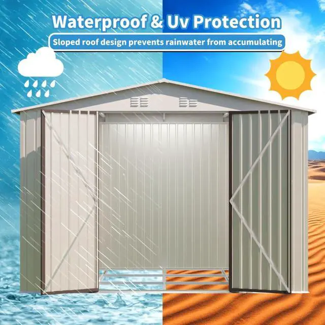 Alt view image 2 of 7 - Outdoor Storage Sheds with Lockable Sliding Door and Aluminum Alloy Frame for Backyard, Lawn, Garden Tool Storage House with Two Sloped Sides Roof for Patio, Porch (10x8 FT White with Metal Base)