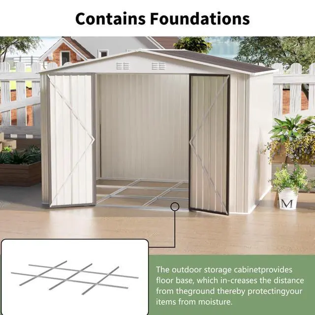 Alt view image 3 of 7 - Outdoor Storage Sheds with Lockable Sliding Door and Aluminum Alloy Frame for Backyard, Lawn, Garden Tool Storage House with Two Sloped Sides Roof for Patio, Porch (10x8 FT White with Metal Base)