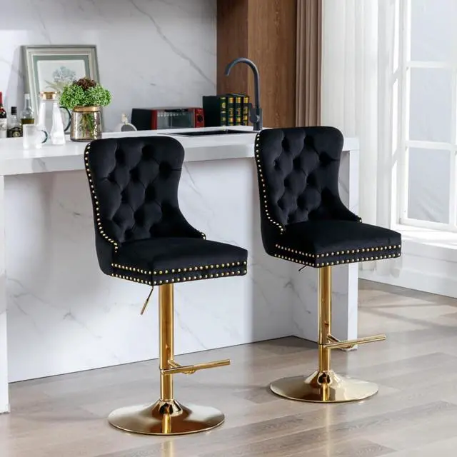 Main image of Barstools Set of 2,Retro Swivel Pub Chair w/Height Adjustable Seat&Sturdy Metal Base for Cafe,Pub Height Bar Chairs Button Tufted Bar Stool w/High Back &Metal Ring for Home (Black + Gold + Set of 2)