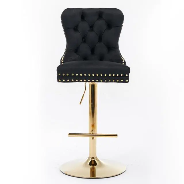Alt view image 3 of 7 - Barstools Set of 2,Retro Swivel Pub Chair w/Height Adjustable Seat&Sturdy Metal Base for Cafe,Pub Height Bar Chairs Button Tufted Bar Stool w/High Back &Metal Ring for Home (Black + Gold + Set of 2)