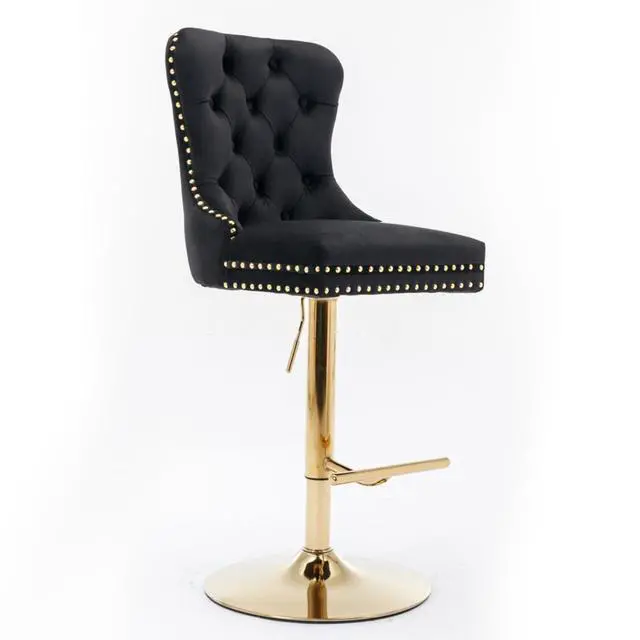 Alt view image 4 of 7 - Barstools Set of 2,Retro Swivel Pub Chair w/Height Adjustable Seat&Sturdy Metal Base for Cafe,Pub Height Bar Chairs Button Tufted Bar Stool w/High Back &Metal Ring for Home (Black + Gold + Set of 2)
