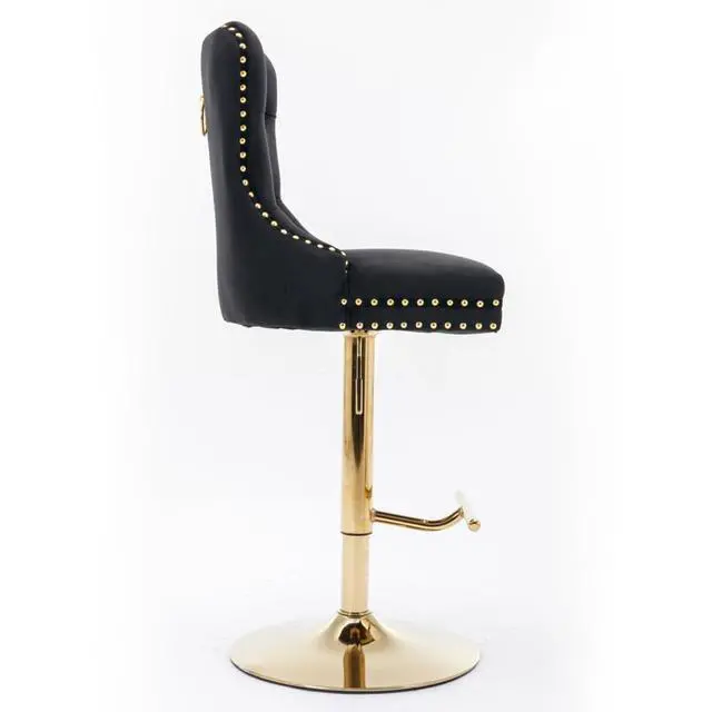 Alt view image 5 of 7 - Barstools Set of 2,Retro Swivel Pub Chair w/Height Adjustable Seat&Sturdy Metal Base for Cafe,Pub Height Bar Chairs Button Tufted Bar Stool w/High Back &Metal Ring for Home (Black + Gold + Set of 2)